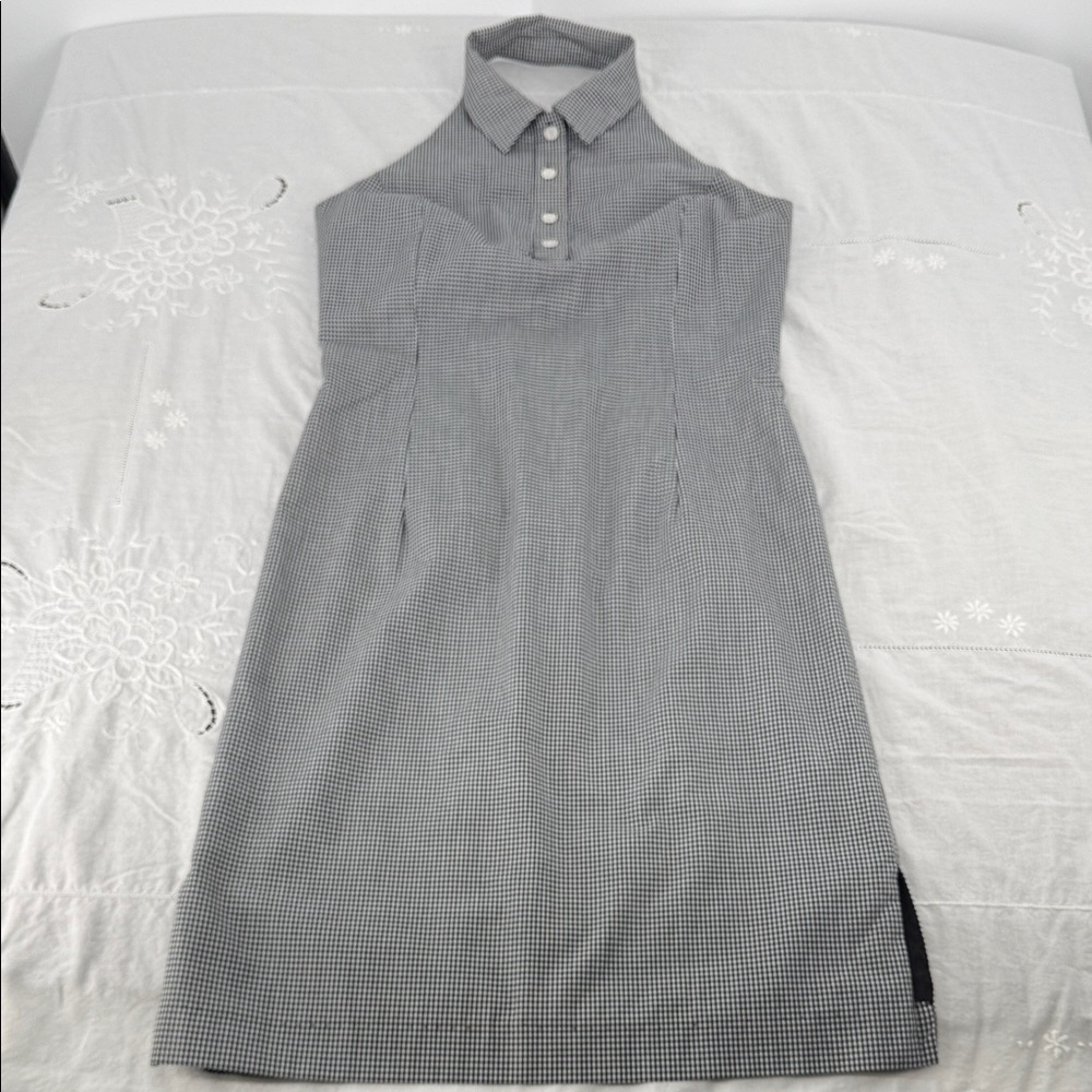 B Moss Dress Wm 4 Black White Check Halter Collar Knee Length Y2K 90s